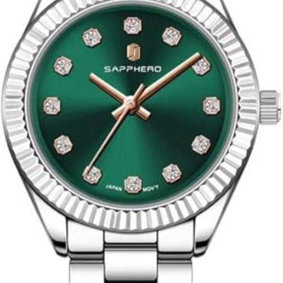 Analog silver watch with second hand and green metallic face - Picture 4 of 5